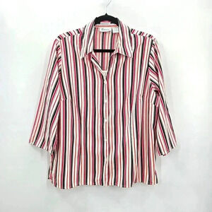 Joanna Red Black Stripe‎ Stretch Button Poly Spandex L Blouse Top Shirt Large